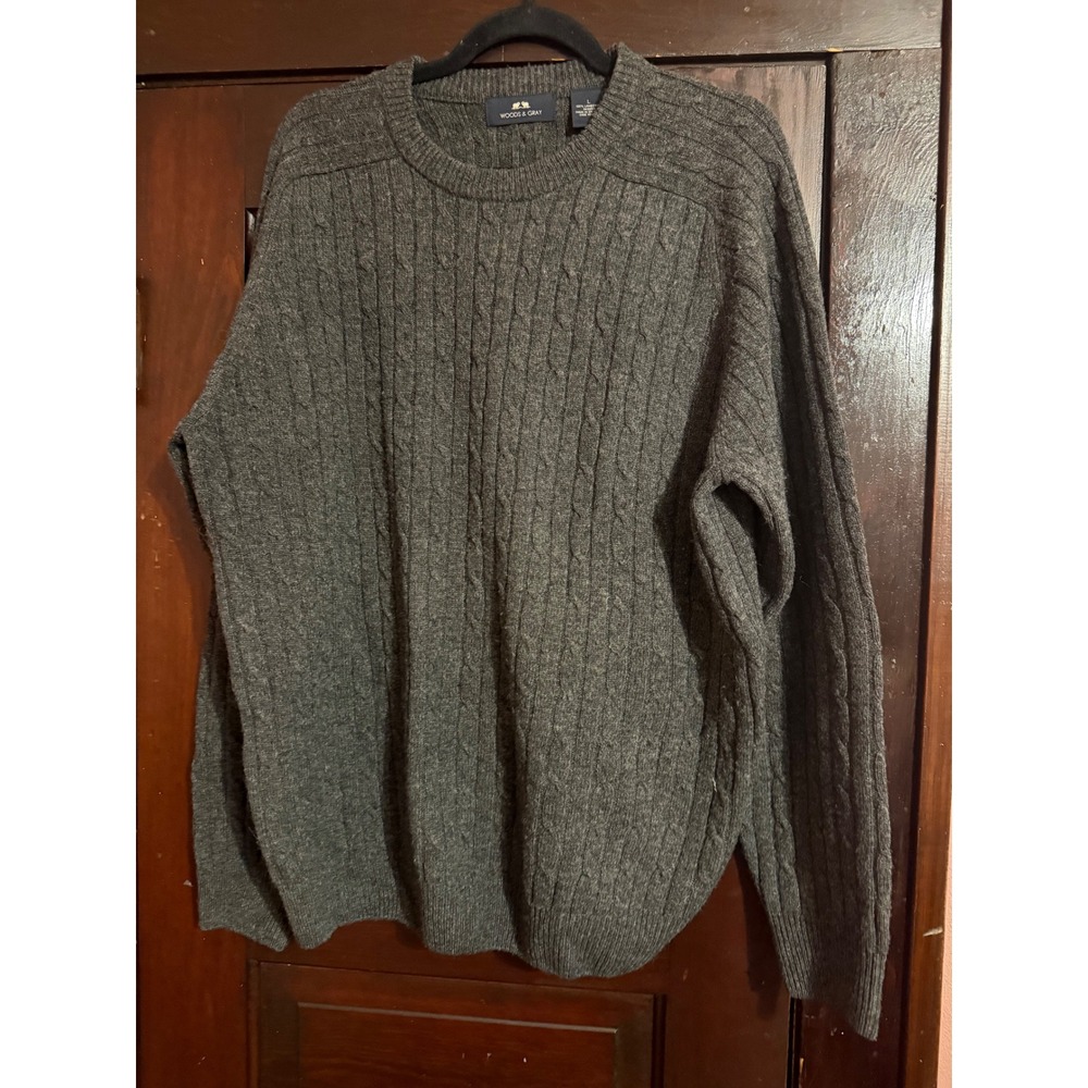 Woods & Gray Mens Large Charcoal Grey 100% Lambswool Cable Knit Crewneck Sweater
